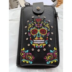 Sugar Skull Crossbody Phone Wallet Black Embroidered Rhinestone Day of the Dead